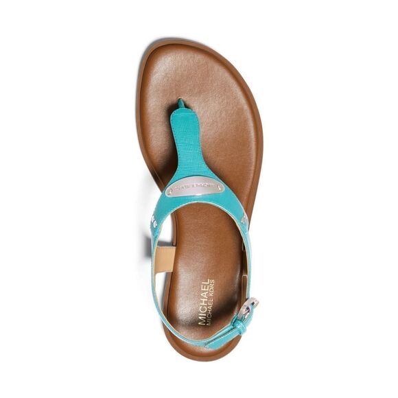 New! MICHAEL KORS Women's MK Logo Plate Thong Leather Sandals Shoes Ocean Blue - Picture 2 of 8